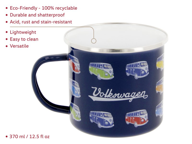 Volkswagen VW T1 Bus Emaille-Tasse, 500 ml, in Geschenkbox – Bus Parade/Blau