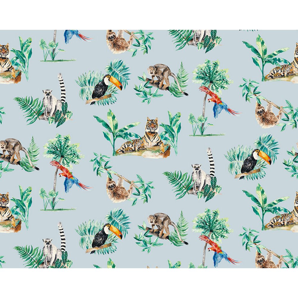 Papel Pintado Infantil Animales de la Selva - Color Azul