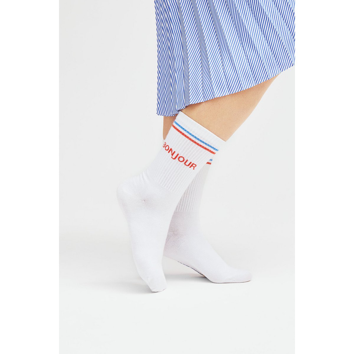 Organic socks Bonjour - white tennis socks with stripes and lettering