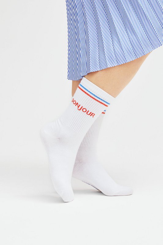 Organic socks Bonjour - white tennis socks with stripes and lettering