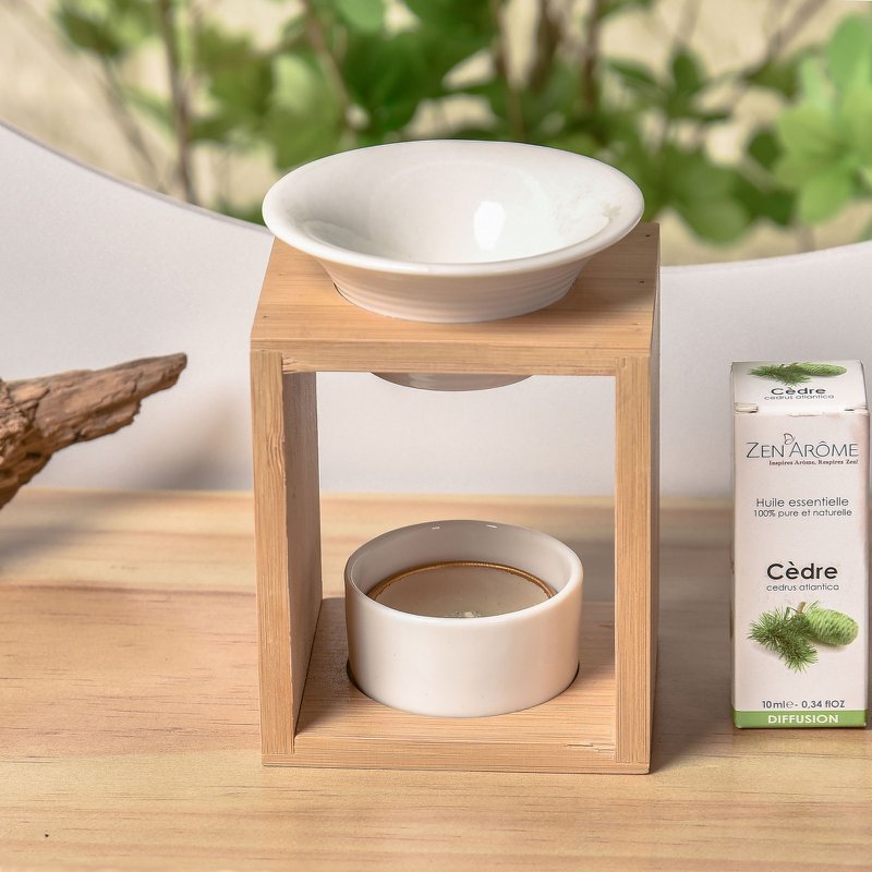 Quemador de perfume Serie Naturea - Arina - Quemador de cera perfumada - Difusor de aceites esenciales y fragancias para el hogar - Portavelas de aromaterapia de bambú y cerámica