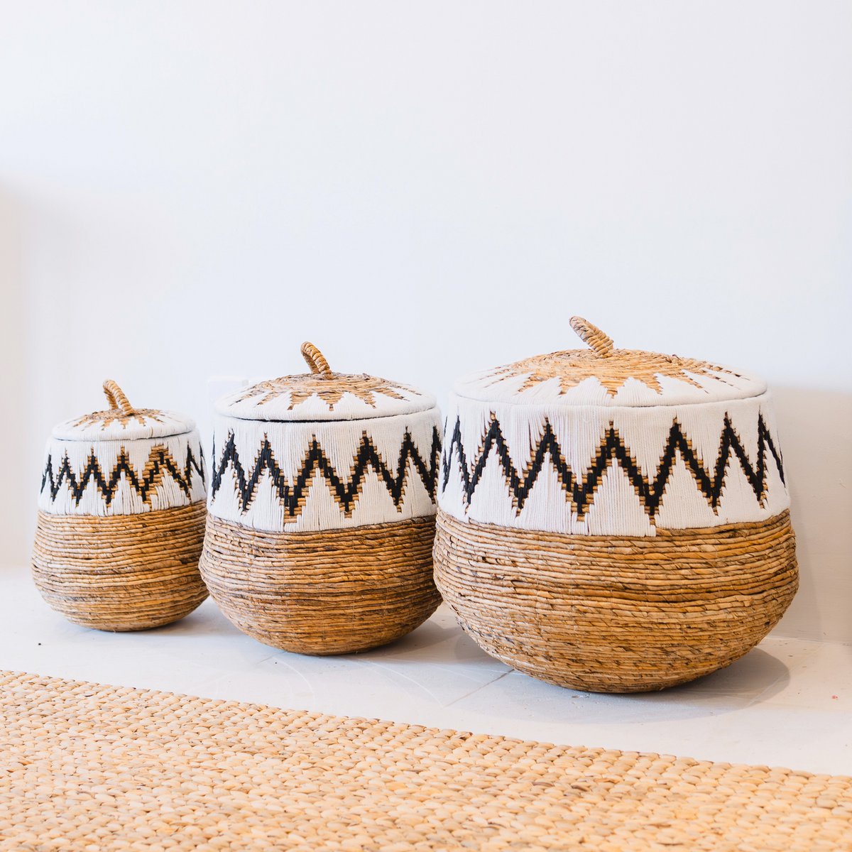 Vasketøjskurv med låg – Boho vasketøjskurv rund – Stor Boho kurv – Vævet kurv med bomuldsmønster PALEM (3 størrelser Ø33/43/55cm)