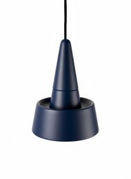 Pendant light in a rose gold color with a modern, minimalist design. Features a conical shape and a white cord.