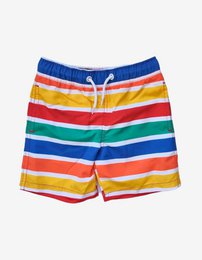  Colorful striped swim shorts for kids, featuring a range of vibrant hues including blue, yellow, orange, red, and green. The shorts have an elastic waistband with a drawstring for a comfortable fit.