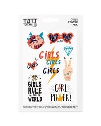 Colorful temporary tattoos featuring empowering messages and symbols for girls, including hearts, diamonds, and text like "Girls Rule the World".