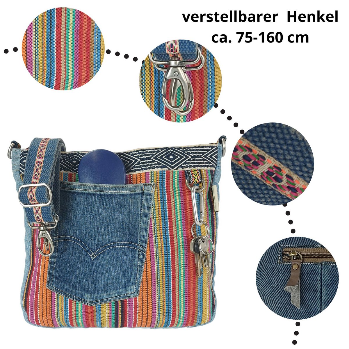 Sunsa Damen Umhängetasche. Schultertasche aus Upcycling Jeans und Baumwolle. Handtasche Vintage Retro Stil. Crossbody Tasche für Frauen.