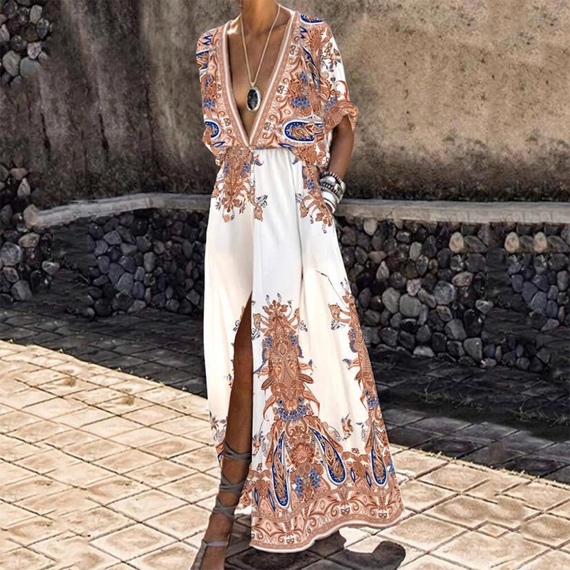 Vintage-Muster bedrucktes Boho-langes Kleid für Damen, sexy, tiefer V-Ausschnitt