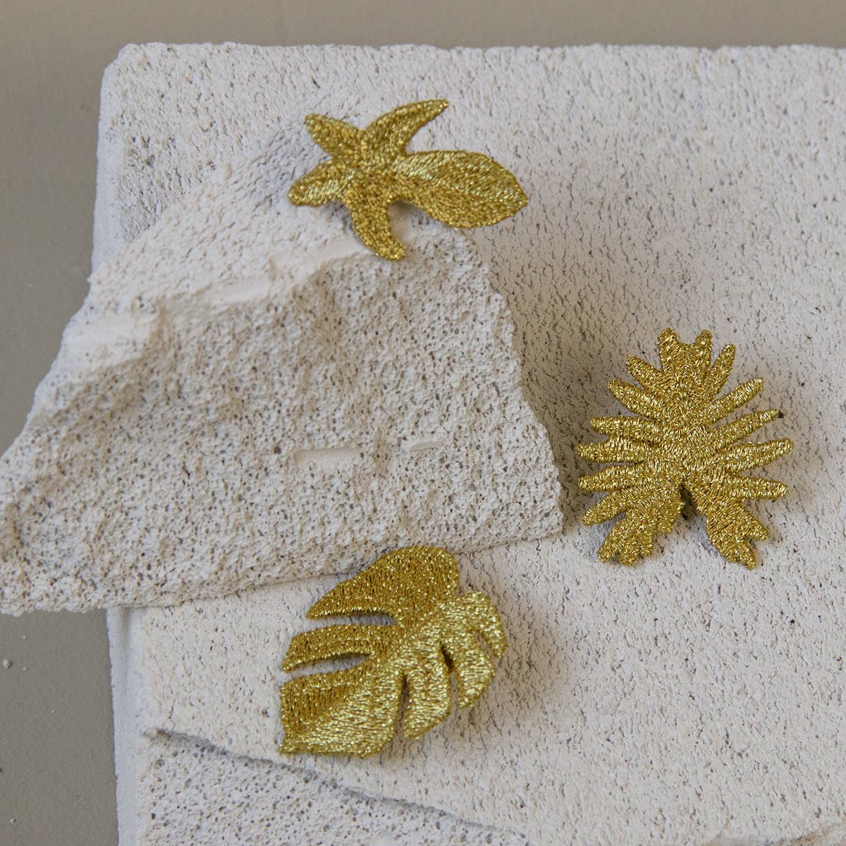 Golden Embroidered Brooches - 3 tropical leaves (Aroids)