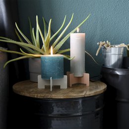 Tall, cylindrical pink candle on a wooden stand with a potted plant.