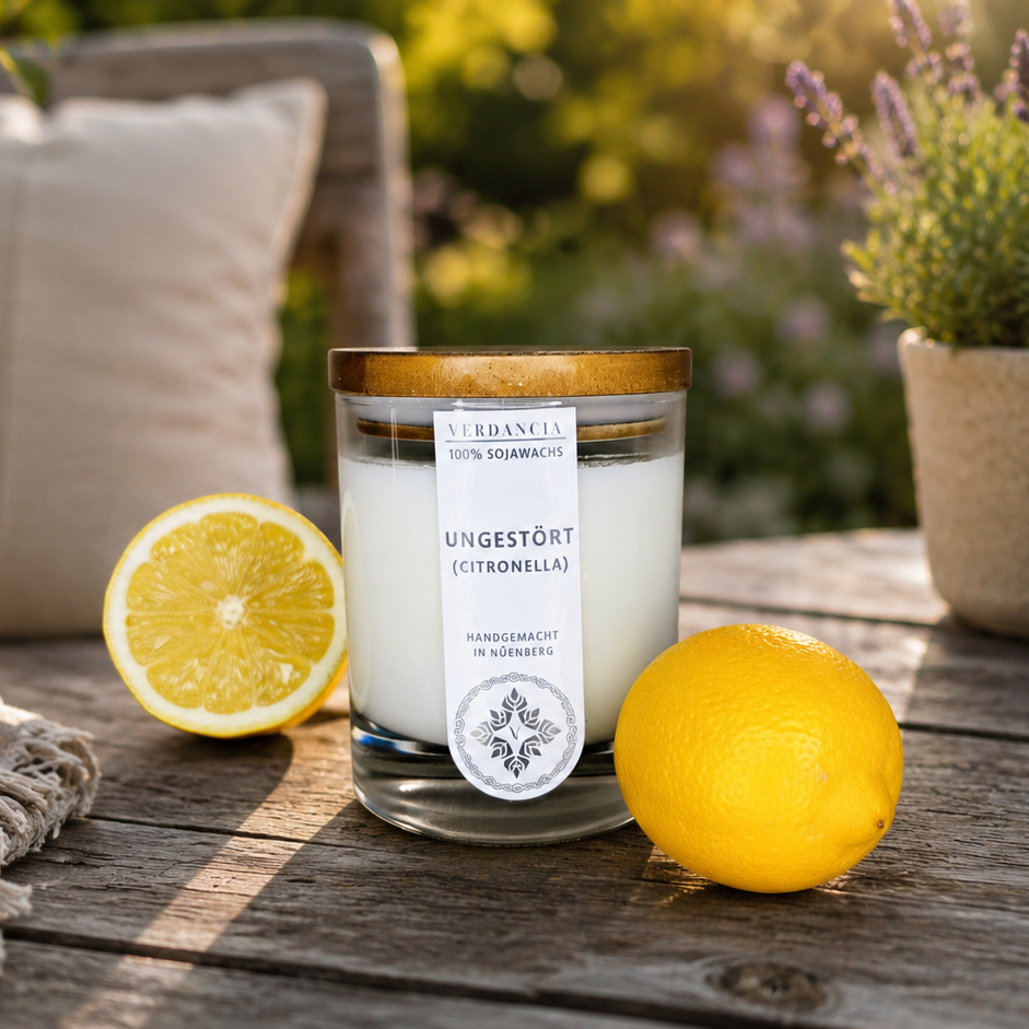 Indisturbato (Citronella) | Candela profumata cera di soia - citronella - contro le zanzare - profumo di agrumi freschi - candela da esterno