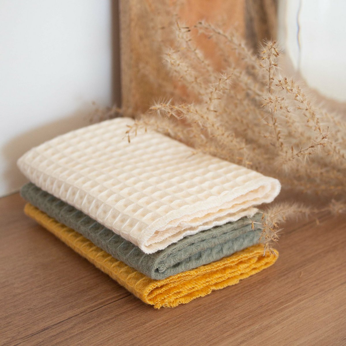 Set van 6 wasbare papieren handdoeken - Kleuren: Ecru / Mosterd / Khaki / Grijs