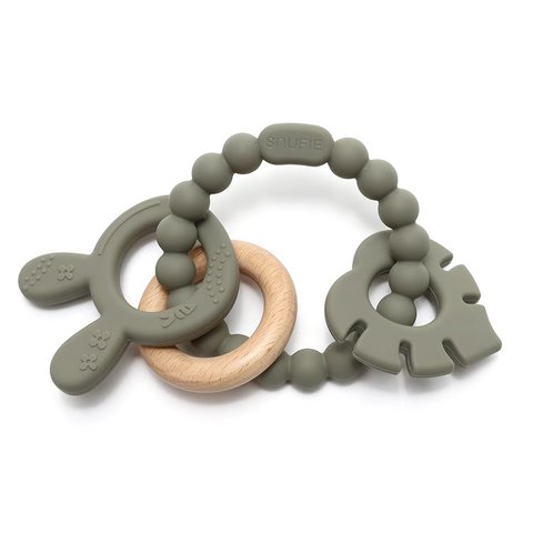 Weich & hart | Bunny & Blatt Rassel Holz & Silikon Teether | Olive