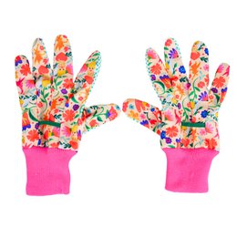 Colorful floral print gardening gloves with pink trim, suitable for children's hands.