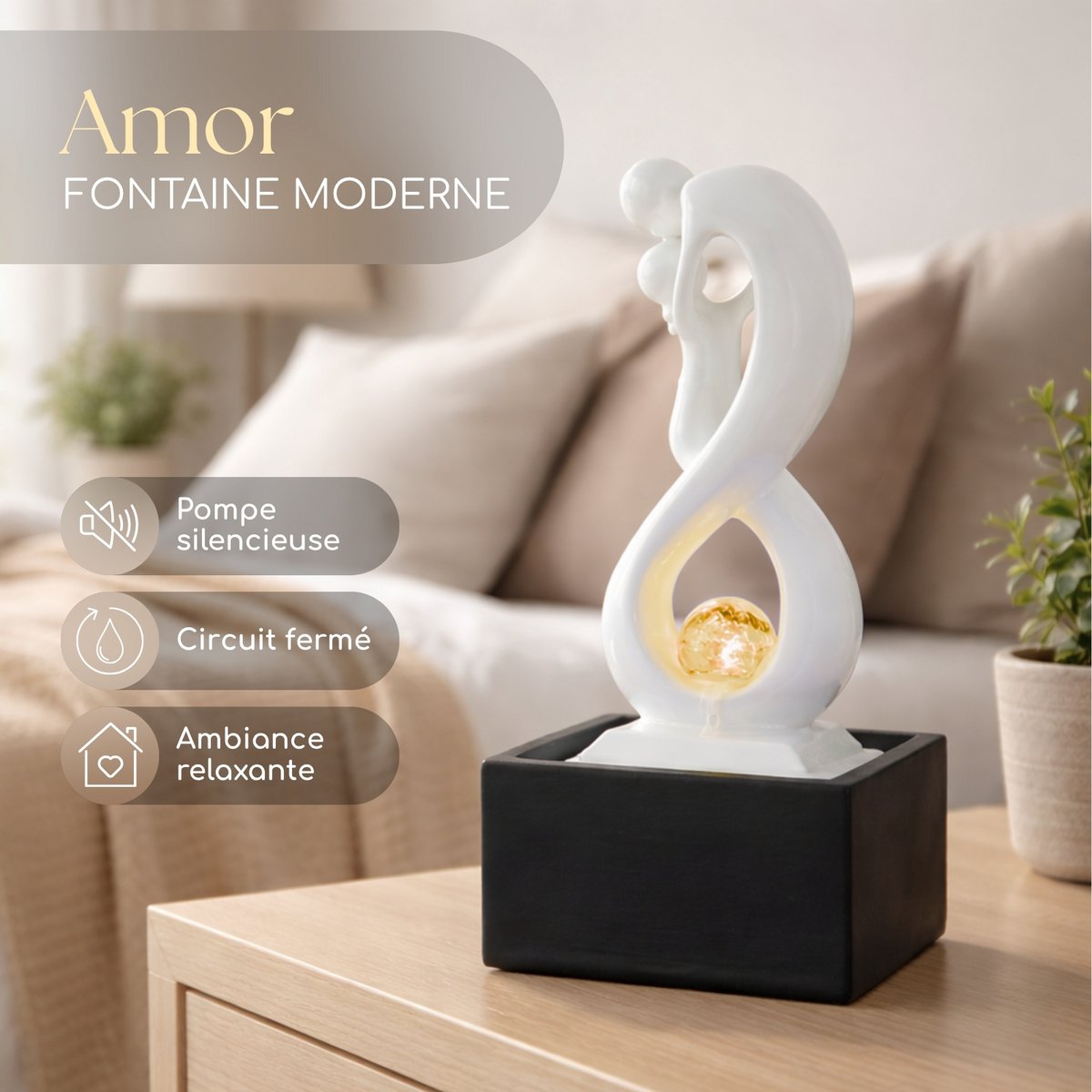 Fontaine d'Intérieur - Amor Noir et Blanc - Moderne avec Lumière LED Coloré - Sculpture Amoureux Amovible – Décoration d’intérieur Contemporaine – Boule en Rotation