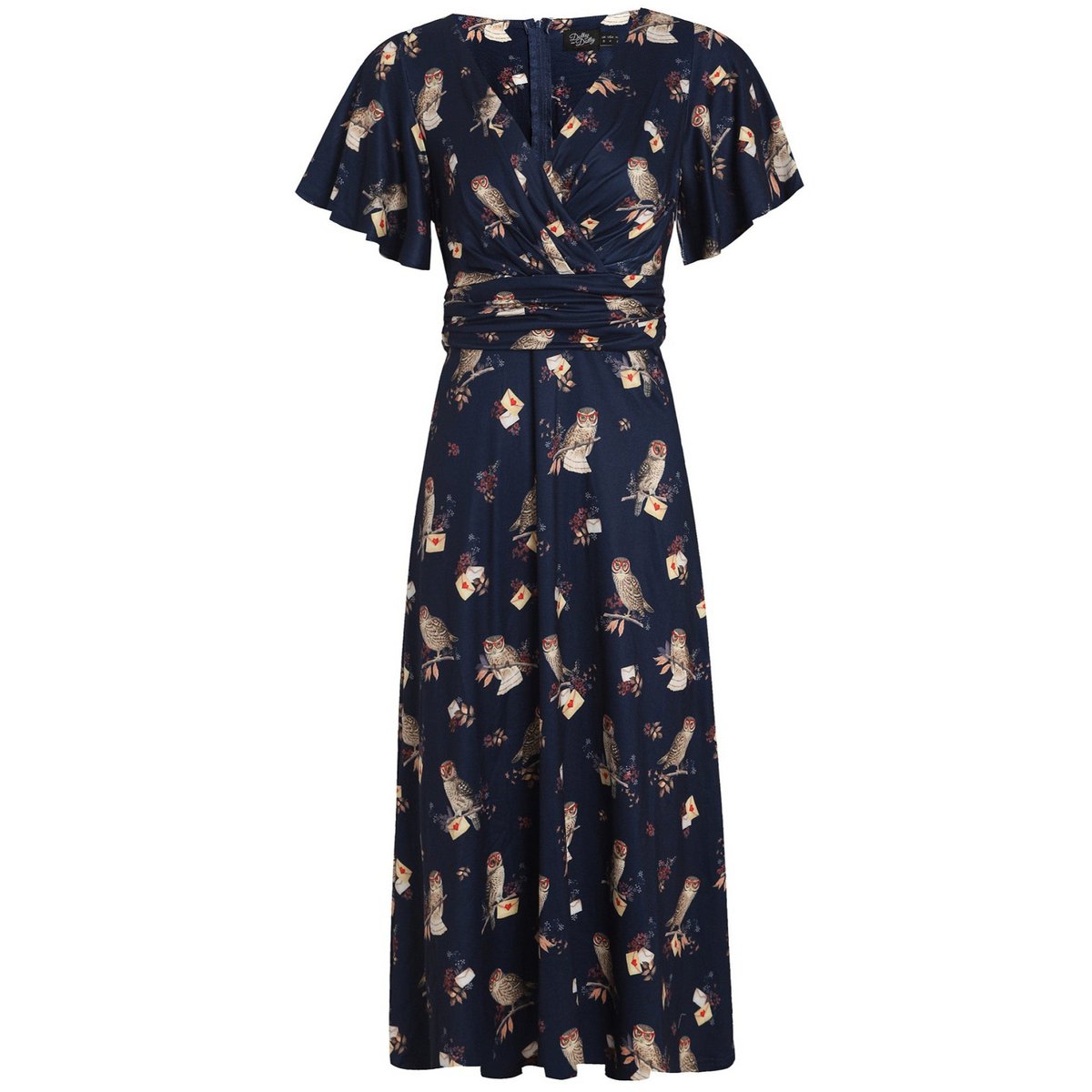 EU STOCK Kleid mit Blütenblattärmeln von Donna in Marineblau und Eulenmuster