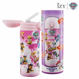 The product is a Paw Patrol-themed thermos flask or water bottle for kids. It features a pink and purple color scheme with images of the Paw Patrol characters. The bottle has a straw and is designed for use by children.