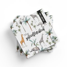 A school photo book with a jungle-themed cover featuring illustrations of animals and plants. The book appears to be designed for children, with pages for recording information about different school groups from group 1 to group 8.