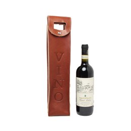 Leather wine holder in teak color, designed to hold a single wine bottle securely.