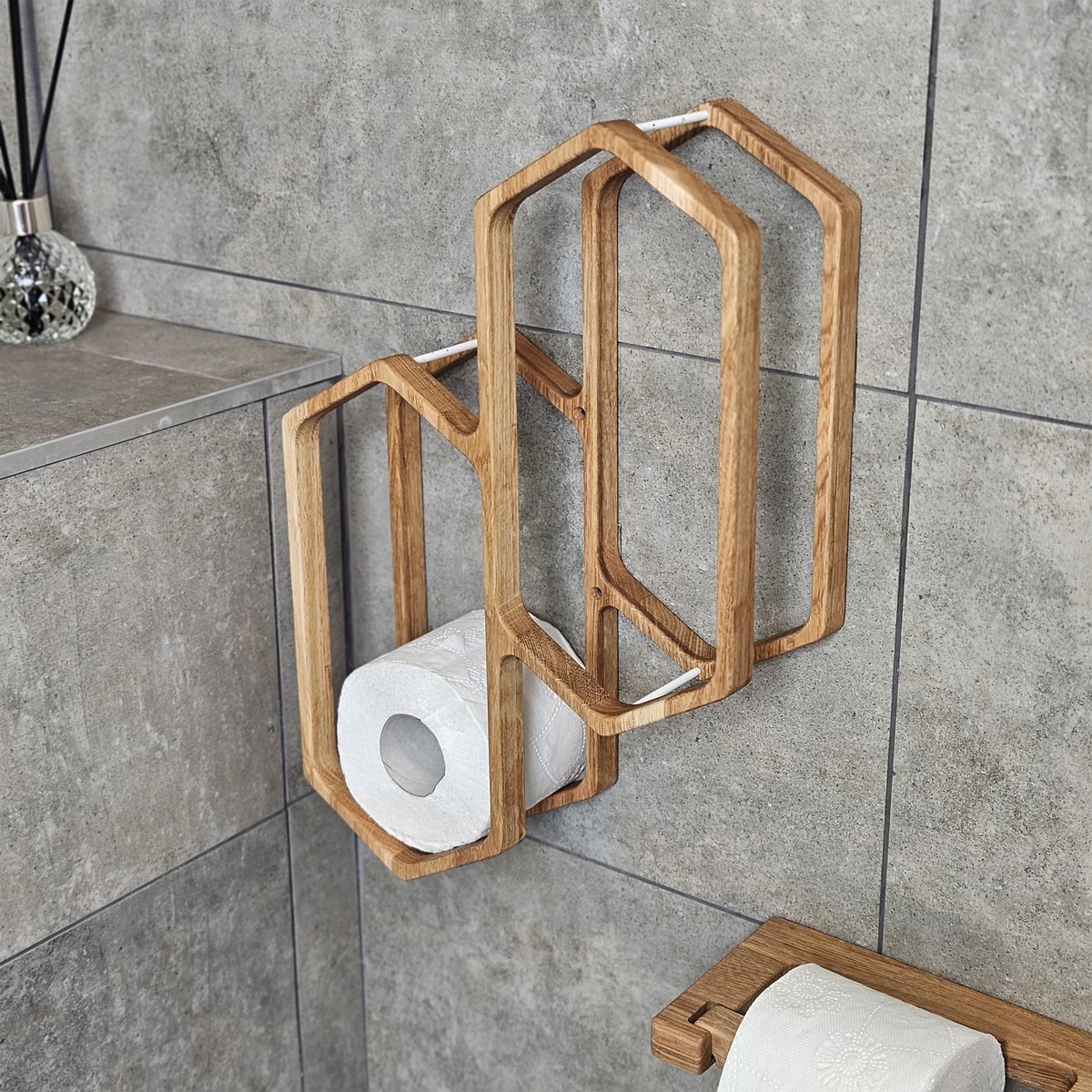 Toiletpapirholder til vægmontering, træbadeværelse opbevaringsstativ til 4 ruller, kompakt arrangør til badeværelser