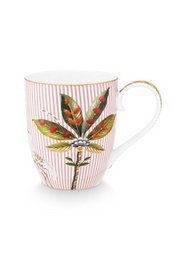 Large pink and white striped mug with colorful leaf design.