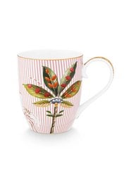 Large pink and white striped mug with colorful leaf design.