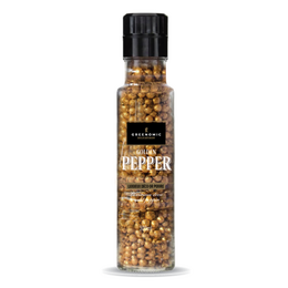 Golden peppercorns in glass bottle with black cap, whole pepper grains, spice seasoning.