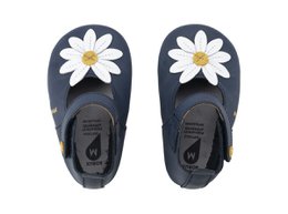  Navy blue baby shoes with white daisy flower appliques. Soft, flexible soles for comfort and support. Available in sizes L, M, and S.