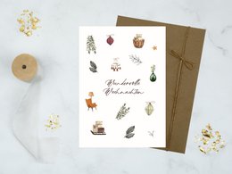 Festive Christmas card with hand-drawn holiday icons and decorations, including pine cones, holly, and other seasonal elements. Suitable for holiday greetings, invitations, or gift wrap.