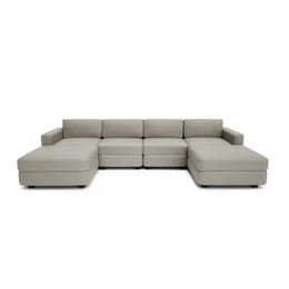 Beige grey U-shaped modular sofa, large seating for multiple people, contemporary style sectional couch.