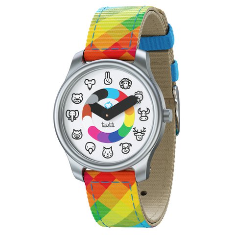 Twistiti - Educatief kinderhorloge voor 3-6 jaar oud, met DIEREN wijzerplaat, waterdicht 50 meter, gemakkelijk te verwisselen riem - Arlequin