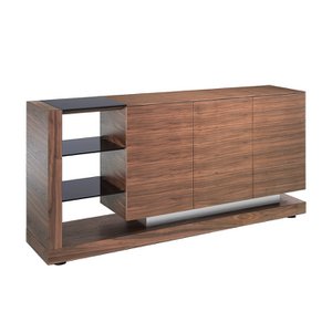 Walnoothouten dressoir en zwart glas in lood