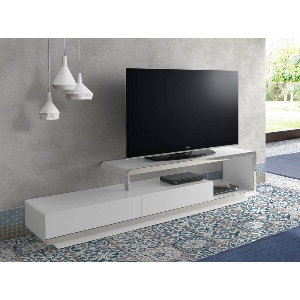 TV-Schrank aus weißem Holz und Chromstahl