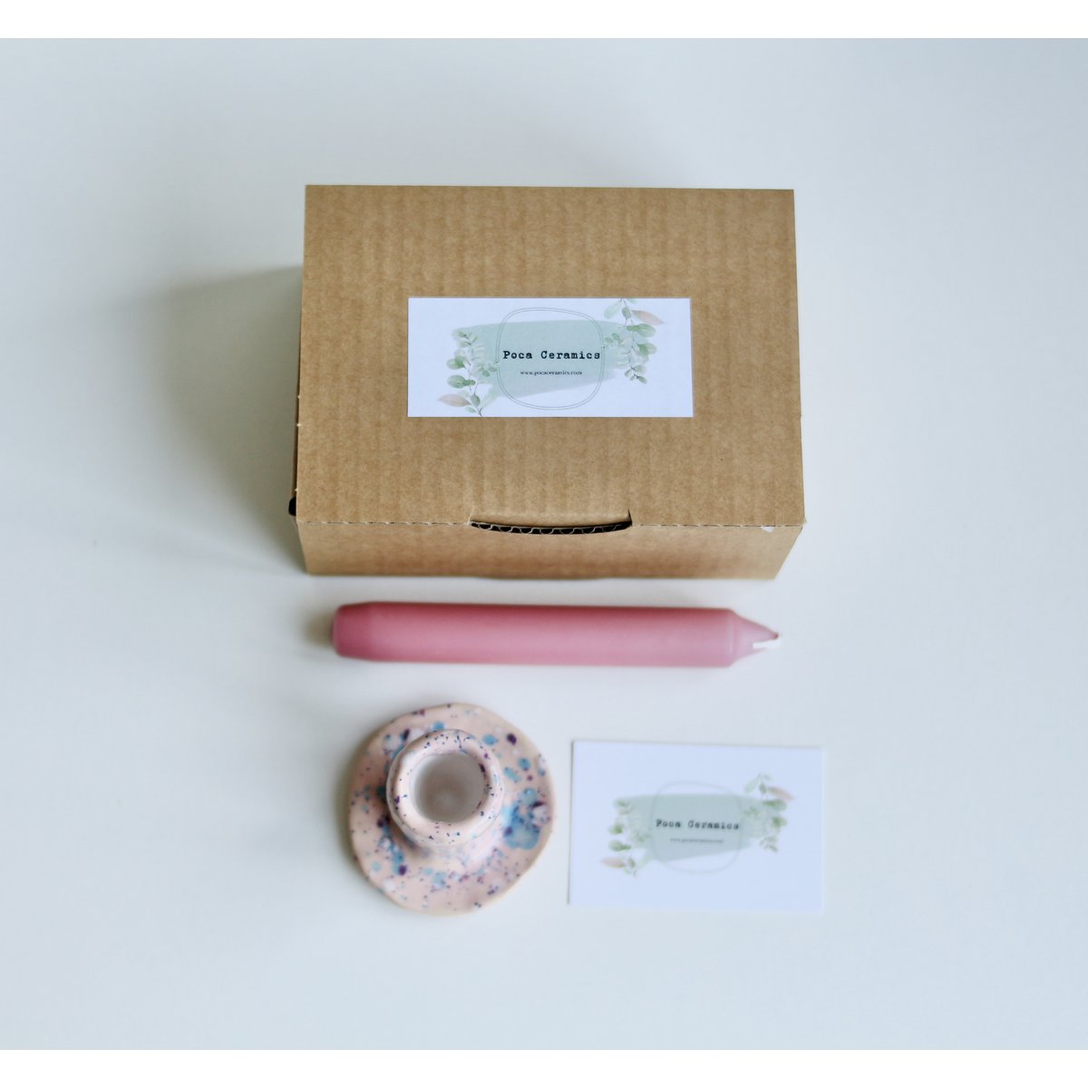 Gespikkelde roze kandelaar + kaars