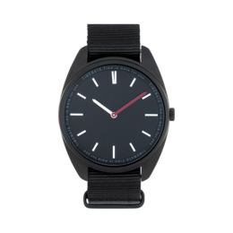 A sleek, all-black watch with a minimalist design. The watch features a round dial, a black nylon strap, and a simple, elegant aesthetic.