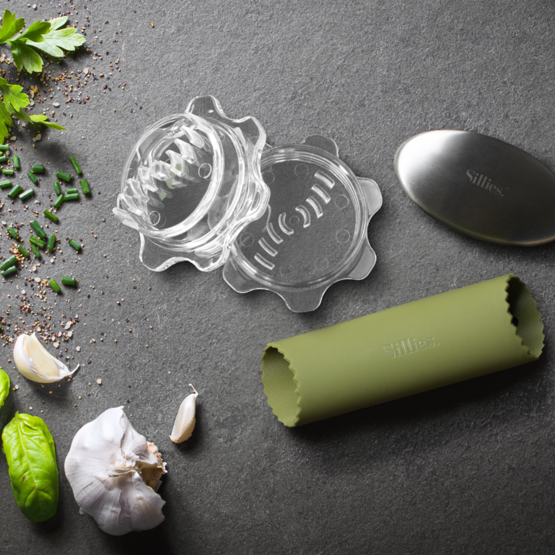 Cadeau set - Knoflookpers - Grinder - Knoflookroller - RVS zeep
