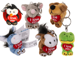  Plush animal keychains with "I love you" heart, soft fabric, cute designs including penguin, elephant, bear, frog, various colors.