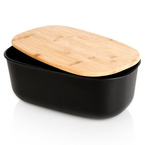 Bread bin plastic with wooden lid 39x23.5x15.5cm