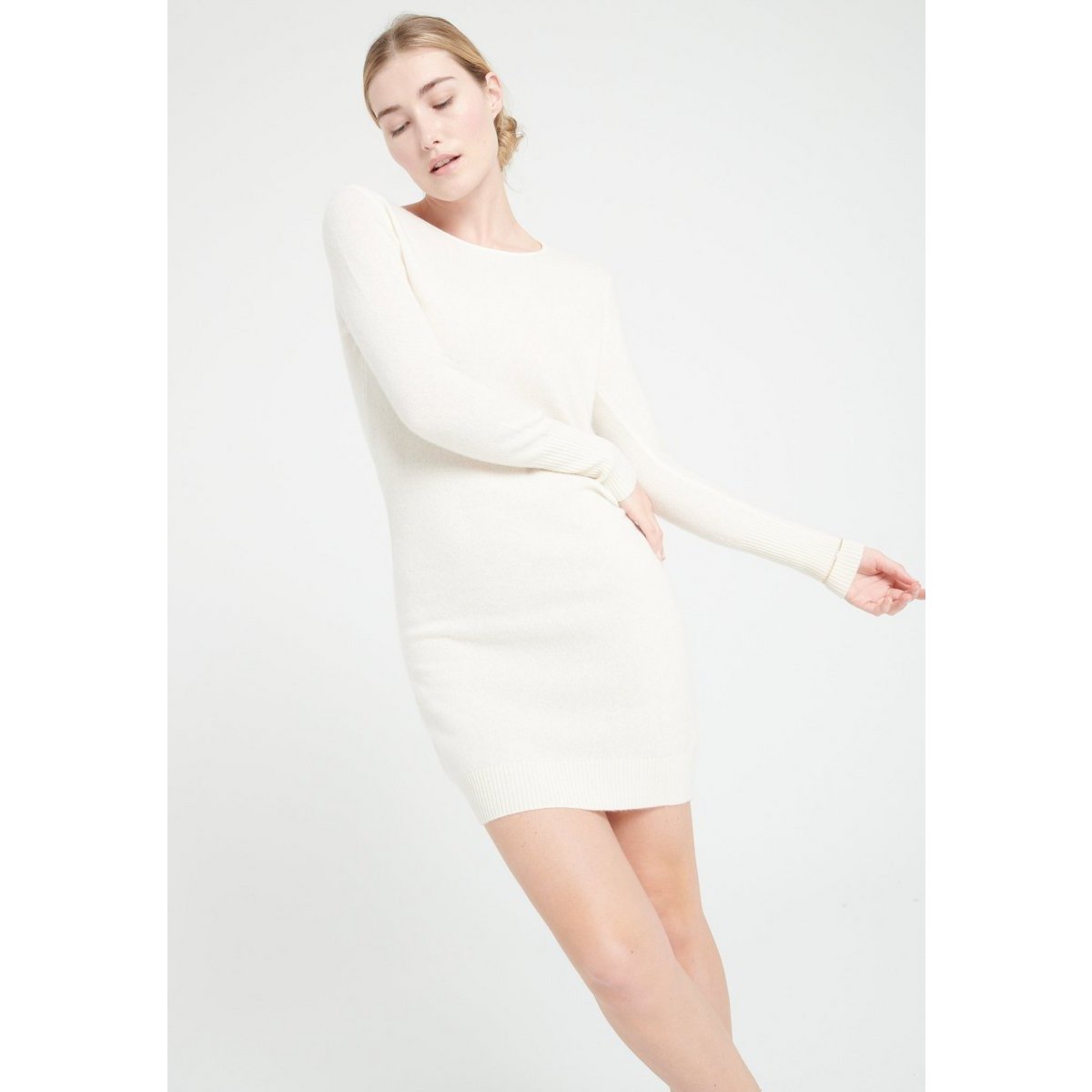 LILLY 12 Vestido con cuello redondo de cachemir blanco crudo