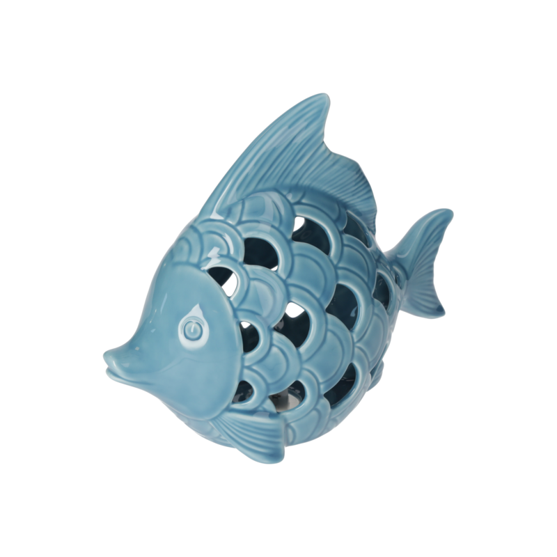 Pez decorativo luminoso en cerámica azul. Altura 20 cm
