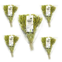 Organic mountain tea in a bouquet, 60 g each. Green, leafy tea product.