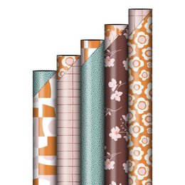 Assorted spring-themed gift wrapping paper rolls in various patterns and colors including floral, striped, and abstract designs.