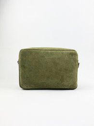 Olive green suede clutch with zipper closure and coin pocket.