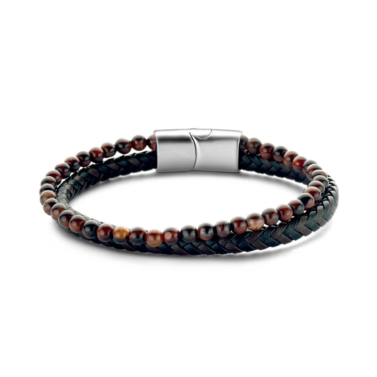 Frank 1967 7FB-0543 Bracelet en cuir - Homme - 2 brins - Cuir tressé - Perles Oeil de Tigre Rouge - Diamètre 4 mm - Cuir - 21 cm - Lien supplémentaire dans le fermoir - Noir - Marron foncé - Couleur Argent