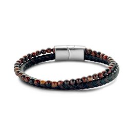 Frank 1967 7FB-0543 Lederarmband – Herren – 2 Stränge – geflochtenes Leder – rote Tigeraugenperlen – 4 mm Durchmesser – Leder – 21 cm – zusätzliches Glied im Verschluss – Schwarz – Dunkelbraun – Silberfarben