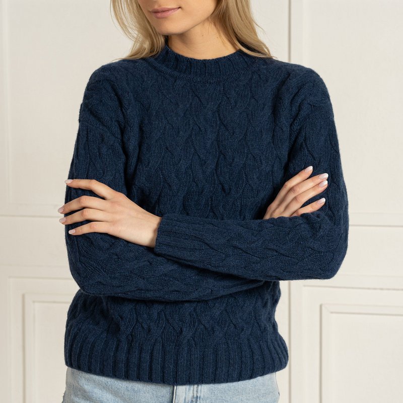 Damski sweter warkoczowy, wykonany w 100% z merynosów, Praga, ciemnoniebieski
