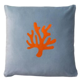 Blue velvet cushion with orange coral design, pink velvet cushion with orange coral motif.