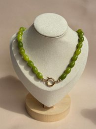 Green olive jade beaded necklace, chunky polished stone beads, elegant casual jewelry.