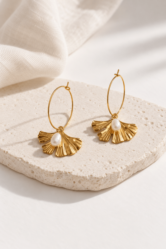 Ginkgo Whisper – Cerchi Foglia Ginkgo con Perla Oro