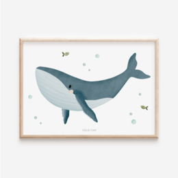 A large, gray humpback whale swimming in the ocean, surrounded by smaller fish. The whale has a distinctive hump and tail, and the image has a serene, underwater feel with bubbles and a minimal color palette.