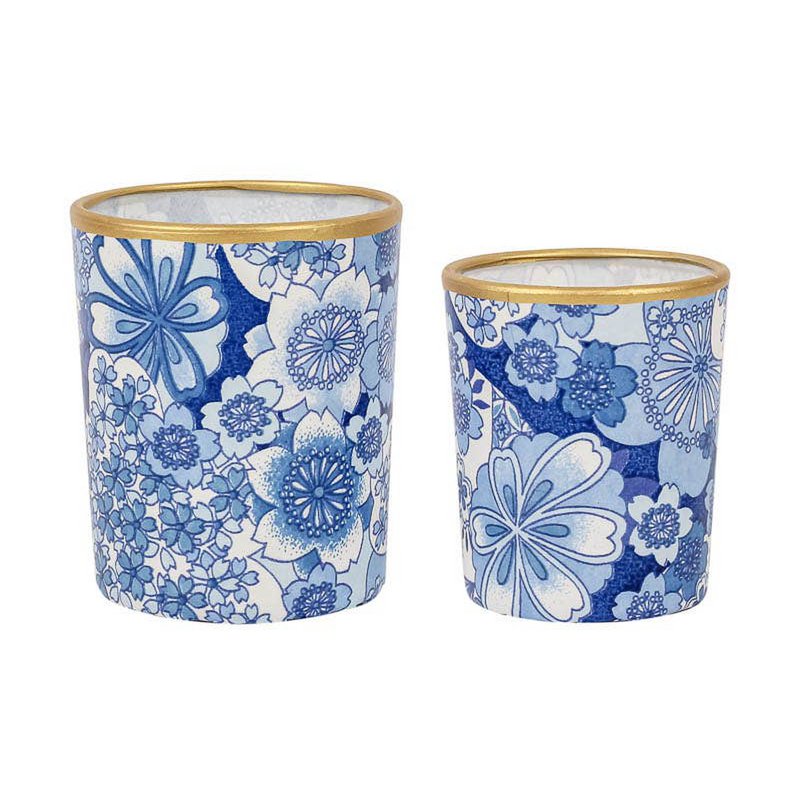 Medium Tealight Holder Made of Glass & Chiyogami Paper | Deep sea | Hand made